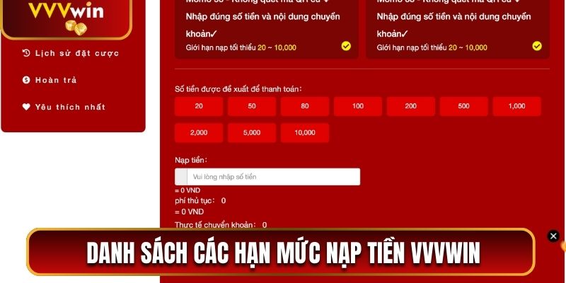 Nạp Tiền VVVwin - Cách Để Cấp Vốn Nhanh trong Vòng 5 Phút 3 Danh sách các hạn mức nạp tiền VVVwin